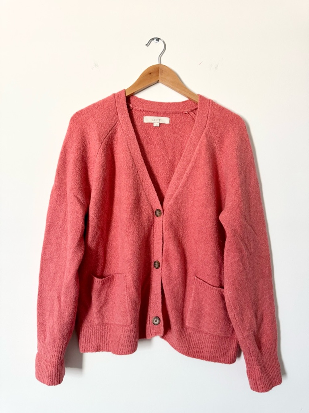 LOFT Coral Pink Boucle Button Front Cardigan Sweater Size XL